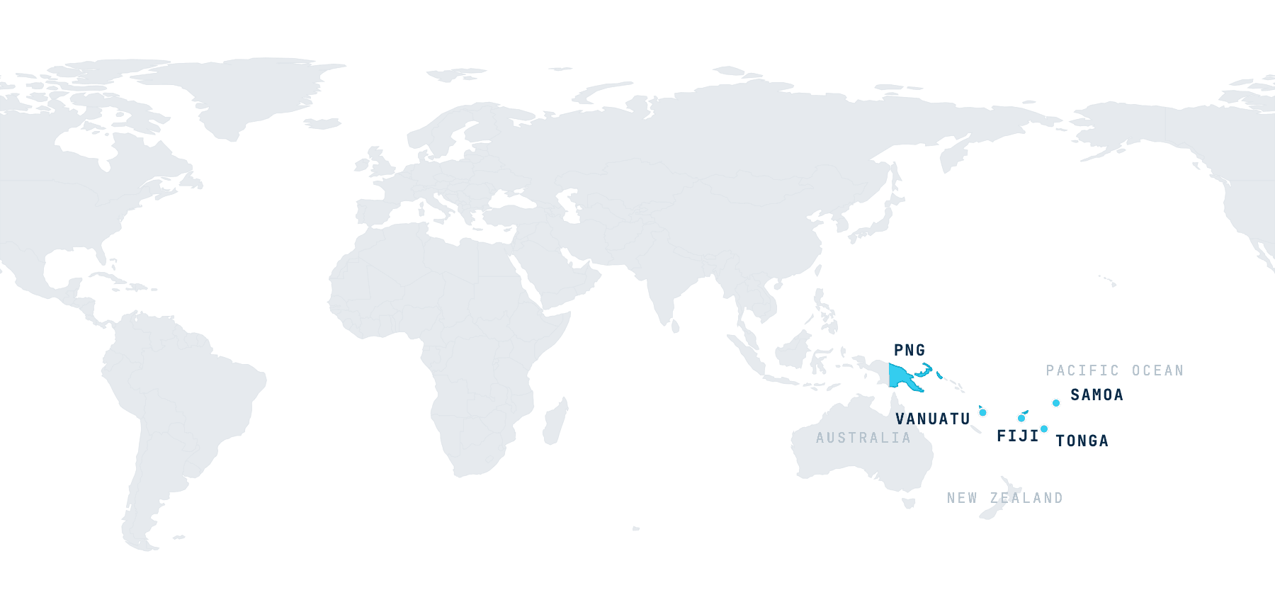 World map highlighting Kontiki's five Pacific markets: Fiji, Papua New Guinea, Samoa, Tonga and Vanuatu